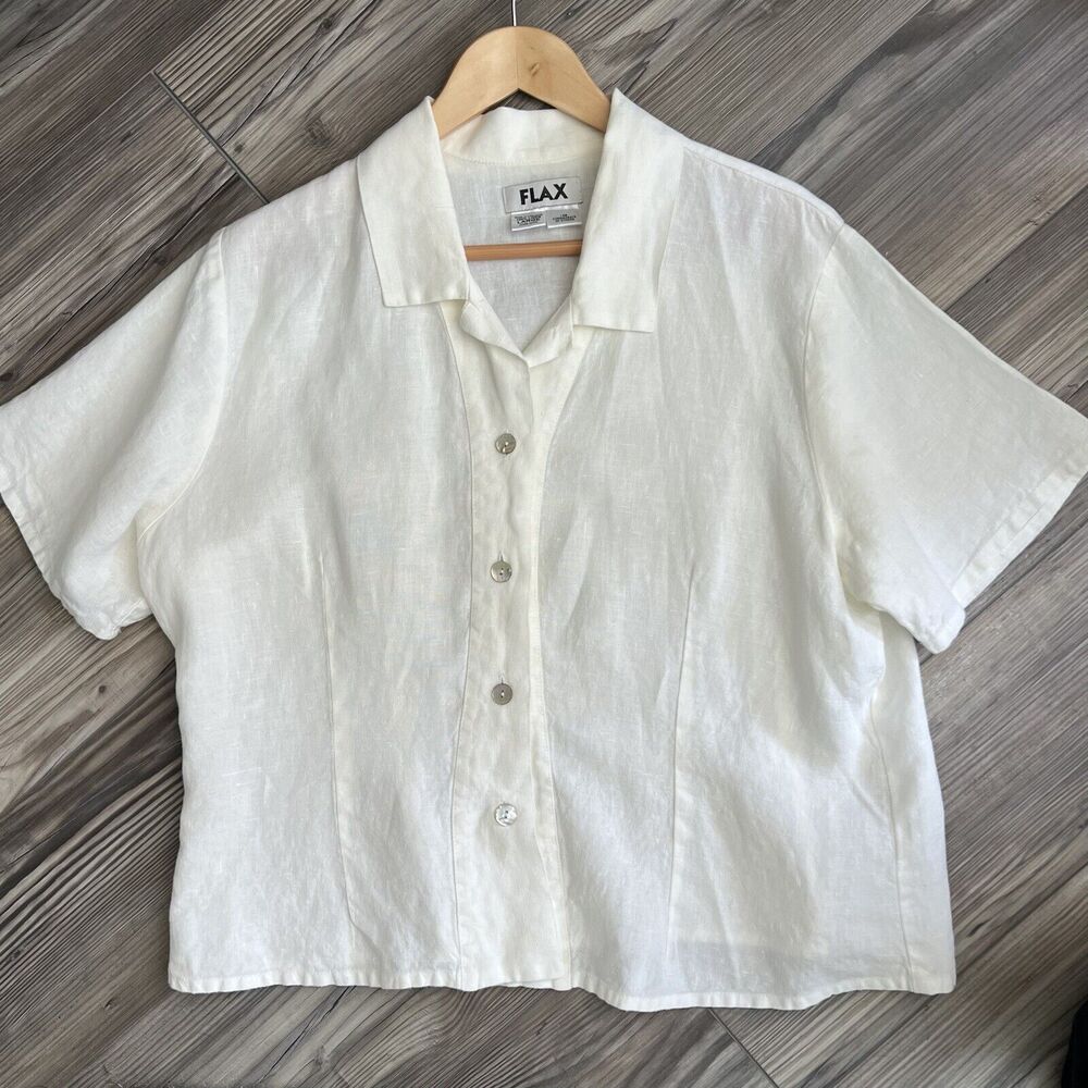 FLAX Linen Shirt Women's Cream Off-White Button Down Short Sleeve